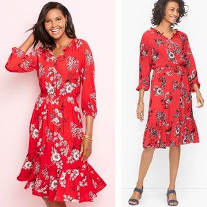 Talbots Red White Floral Print 3/4 Sleeve Knee Length Fit & Flare Dress szS